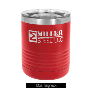 Ringneck Tumbler 10 oz: A small stainless steel tumbler with a clear plastic lid and double-wall vacuum insulation.