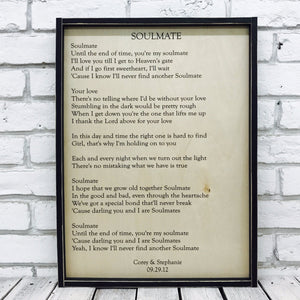 wedding song lyric wood sign with rustic frame