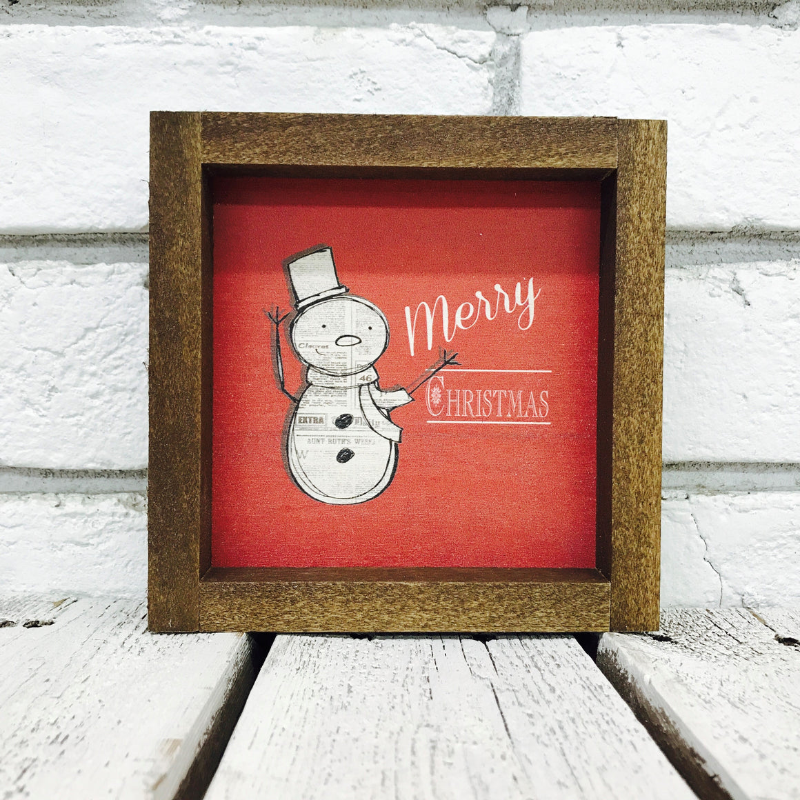 Wooden Snowman Sign with Red Background