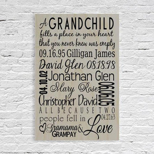 Grandchildren Names and Birth Date Sign Light Grey-Wood