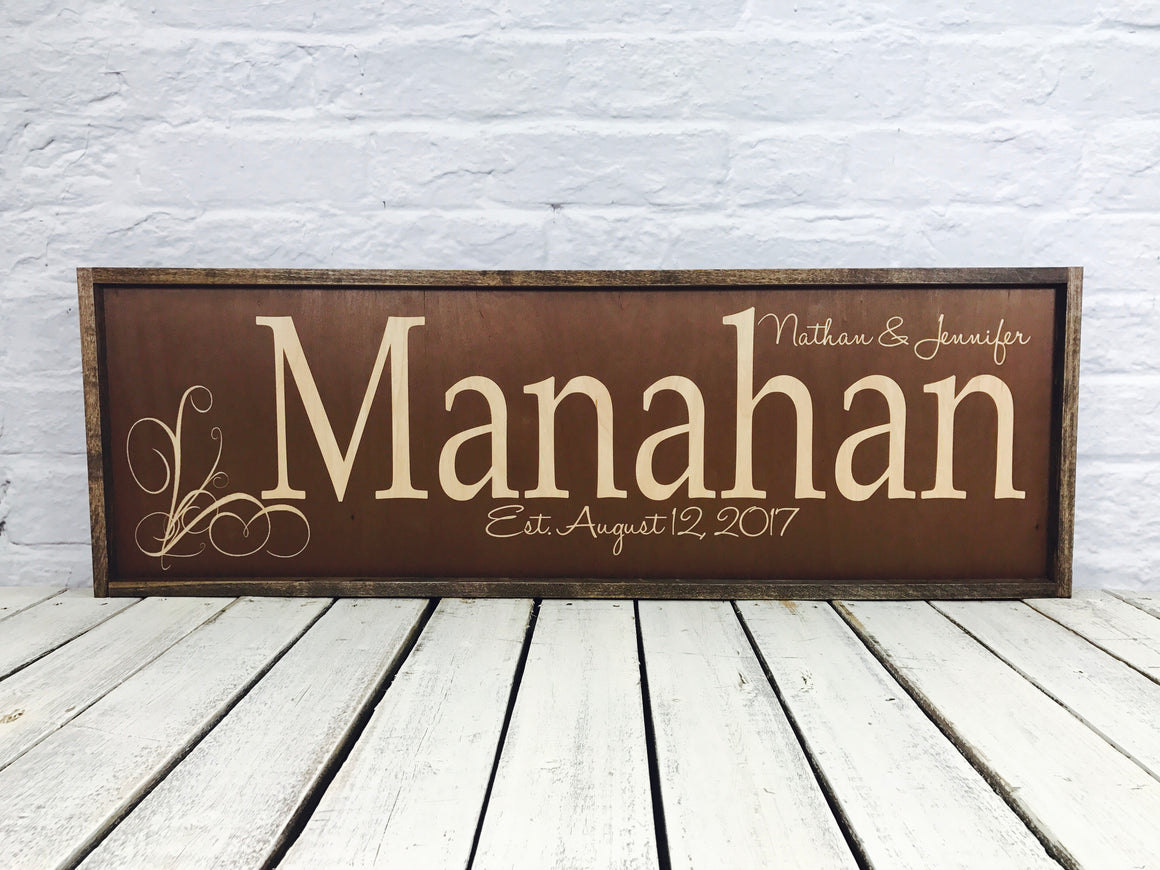 Personalized last name wood sign with distressed frame