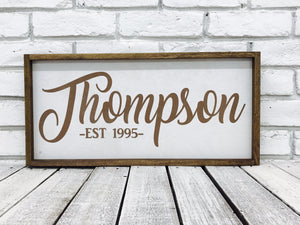 Personalized last name wood sign with distressed wood frame