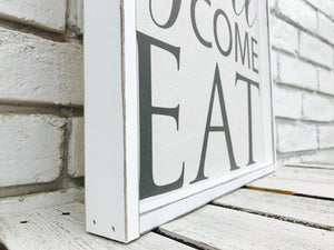 "Y'all Come Eat" Wooden Farmhouse Decor Sign in White Distressed or Walnut Frame