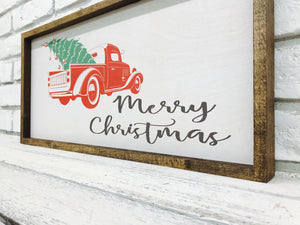 "Merry Christmas" Wooden Sign of Red Truck