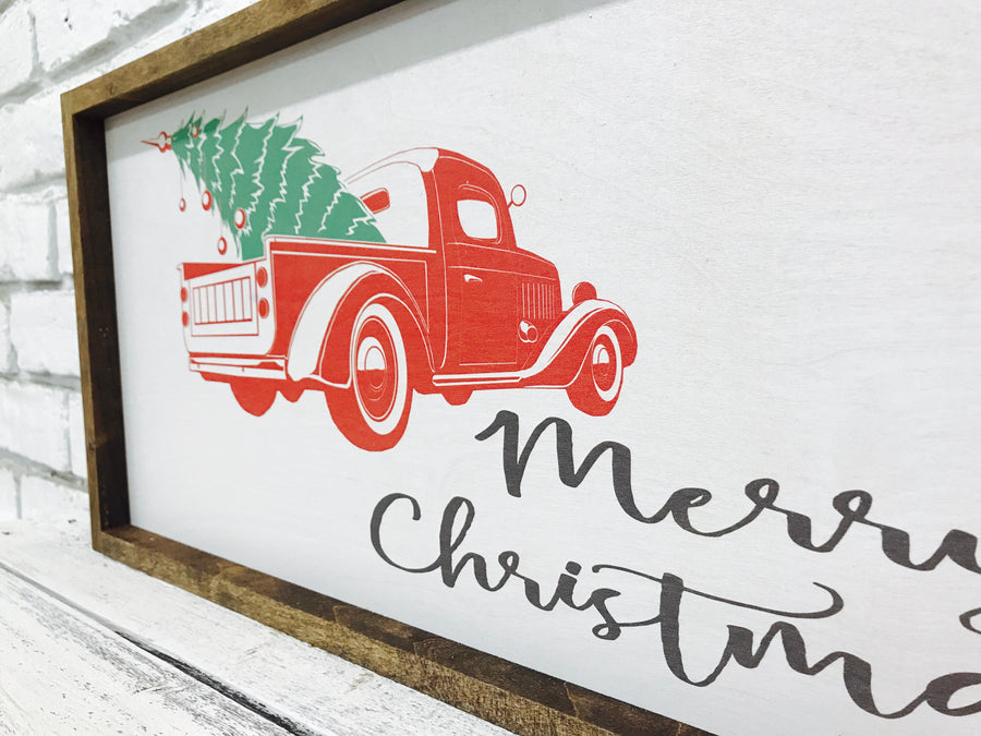 "Merry Christmas" Wooden Sign of Red Truck