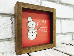 Wooden Snowman Sign with Red Background