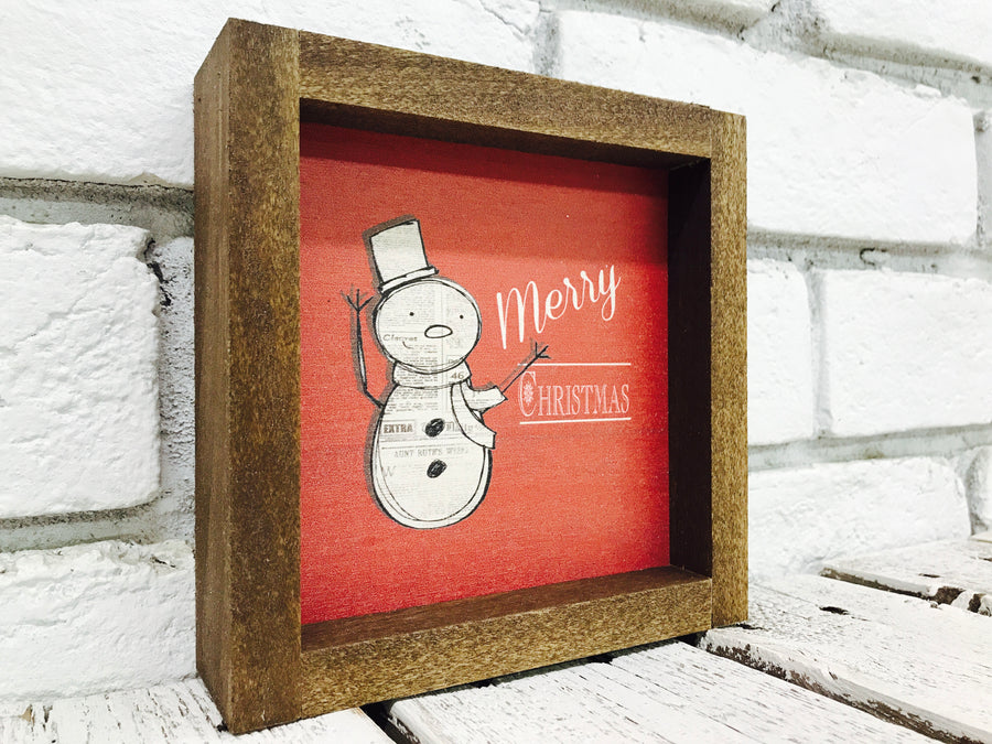 Wooden Snowman Sign with Red Background
