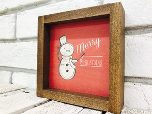 Wooden Snowman Sign with Red Background