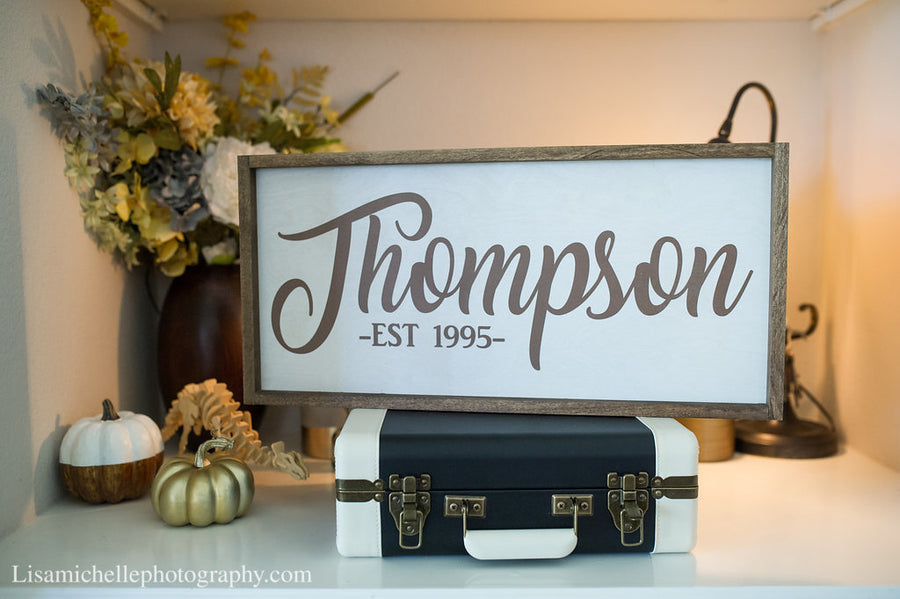Personalized last name wood sign with distressed wood frame