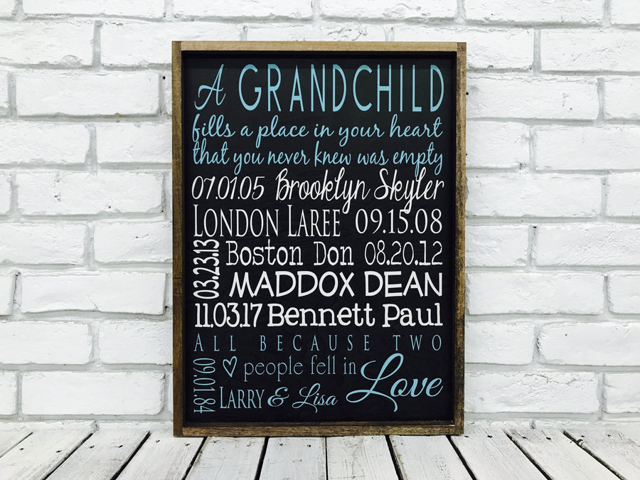 Grandchildren fill a place in your heart important dates wood sign