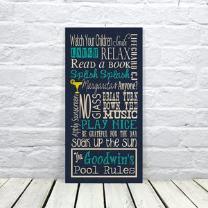 pool rules last name wood sign